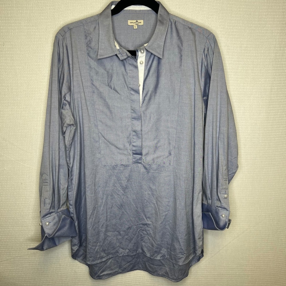 Cortland Park Womens Light Blue Pearl Button Bib Front Tunic Top Large